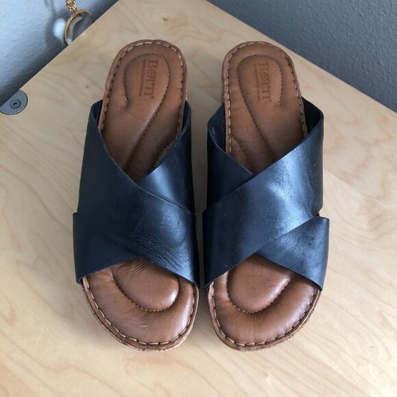 Born Lola Comfort Slide Sandals Black Leather Criss Cross Cork Wedge - Picture 3 of 12